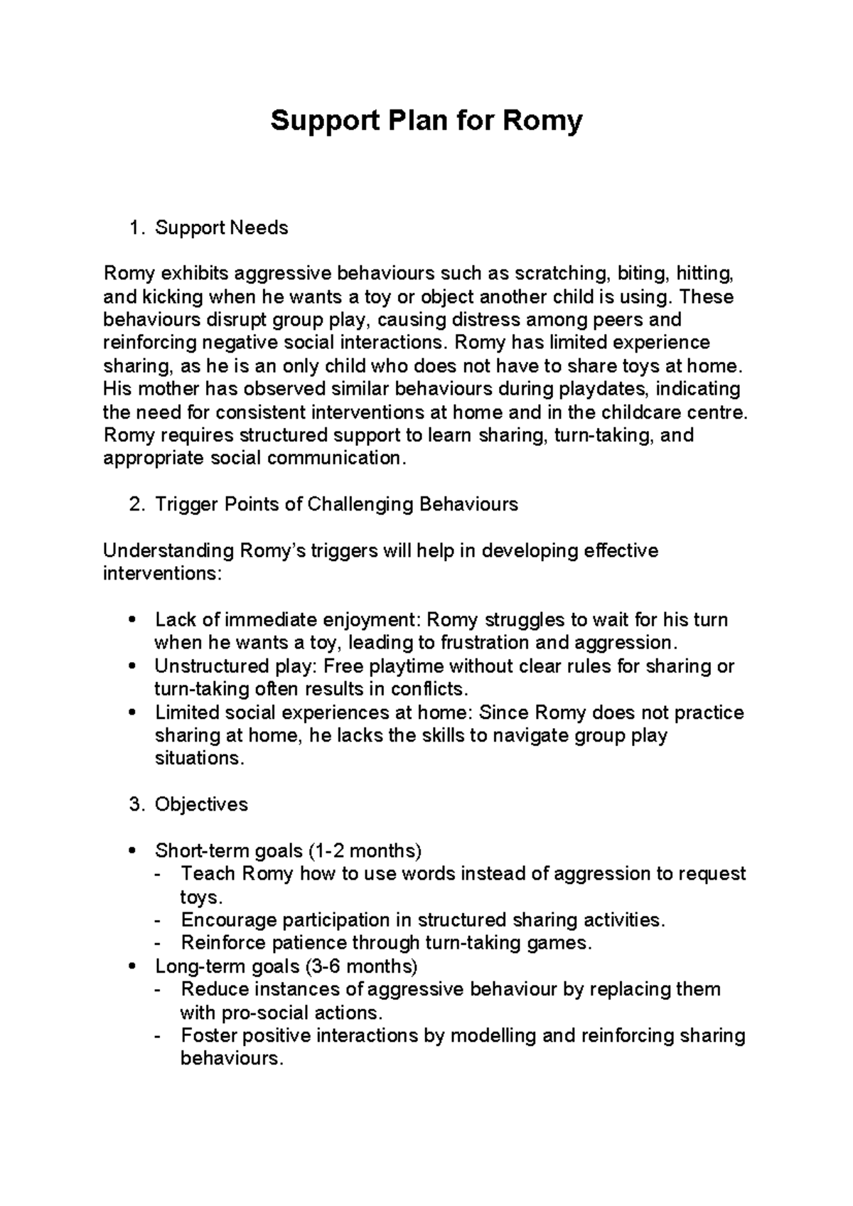 Support Plan for Romy: Addressing Aggressive Behaviours and Sharing ...