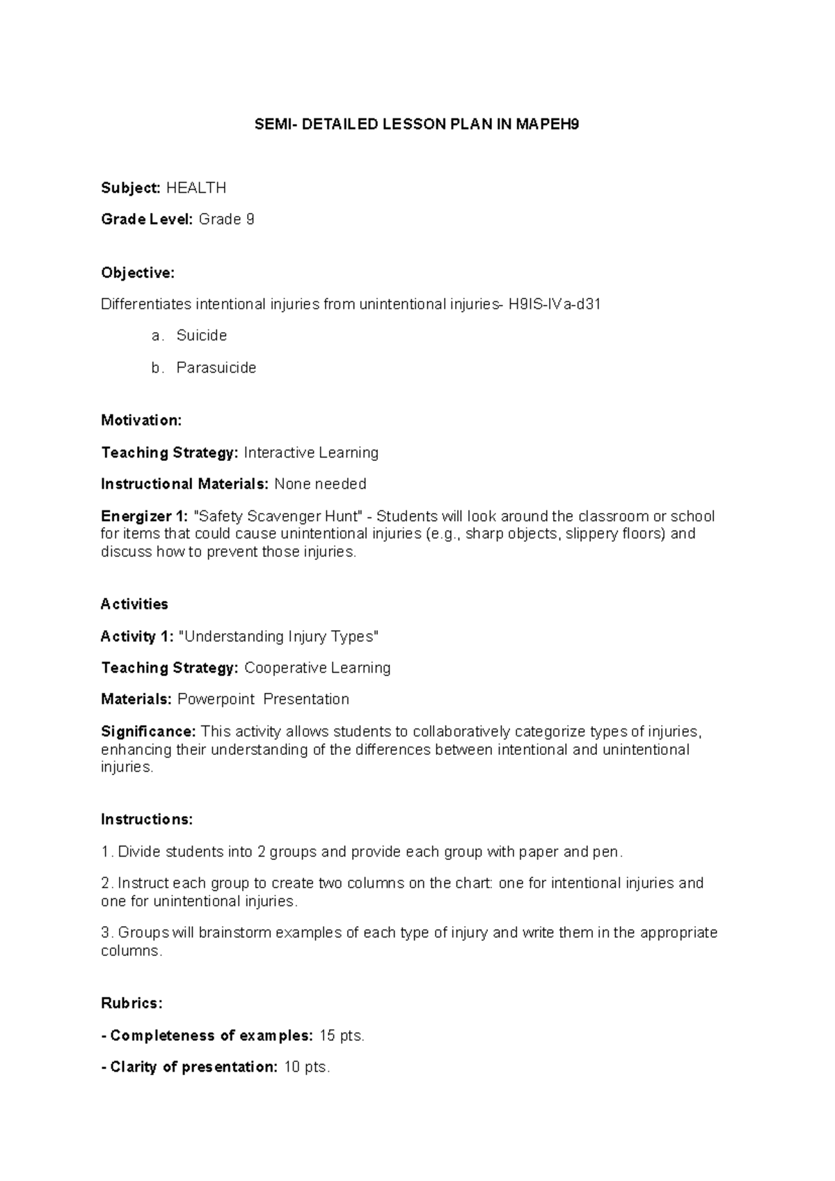 9- Health - SEMI- DETAILED LESSON PLAN IN MAPEH Subject: HEALTH Grade ...