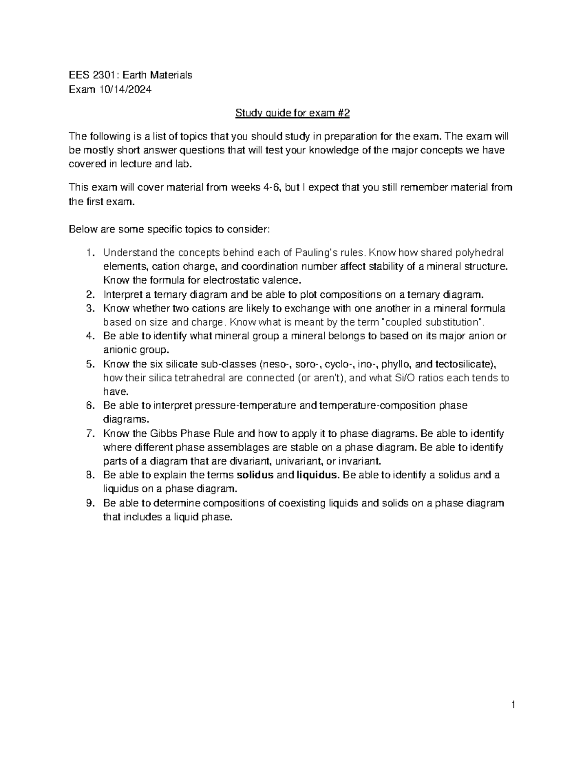 EES 2301: Earth Materials Exam #2 Comprehensive Study Guide - Studocu