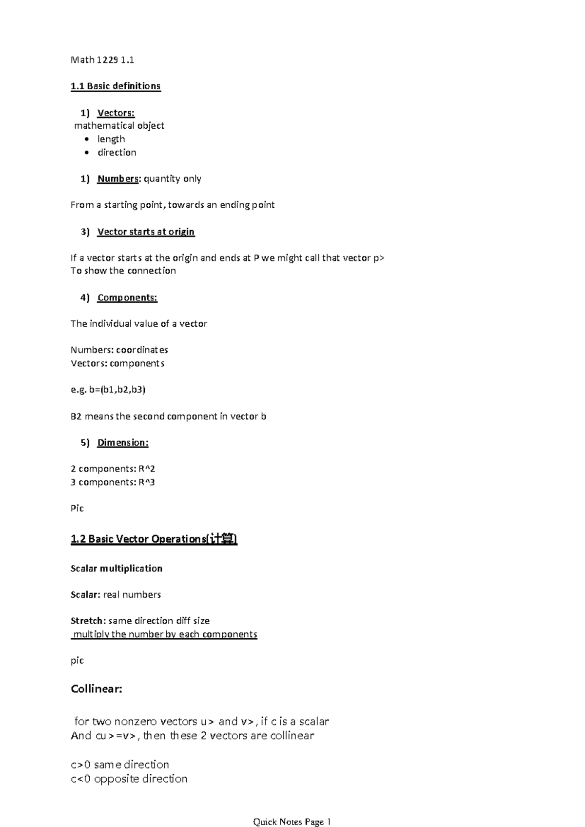 Math 1229 1 - Lecture Notes: Vectors & Basic Operations - Studocu