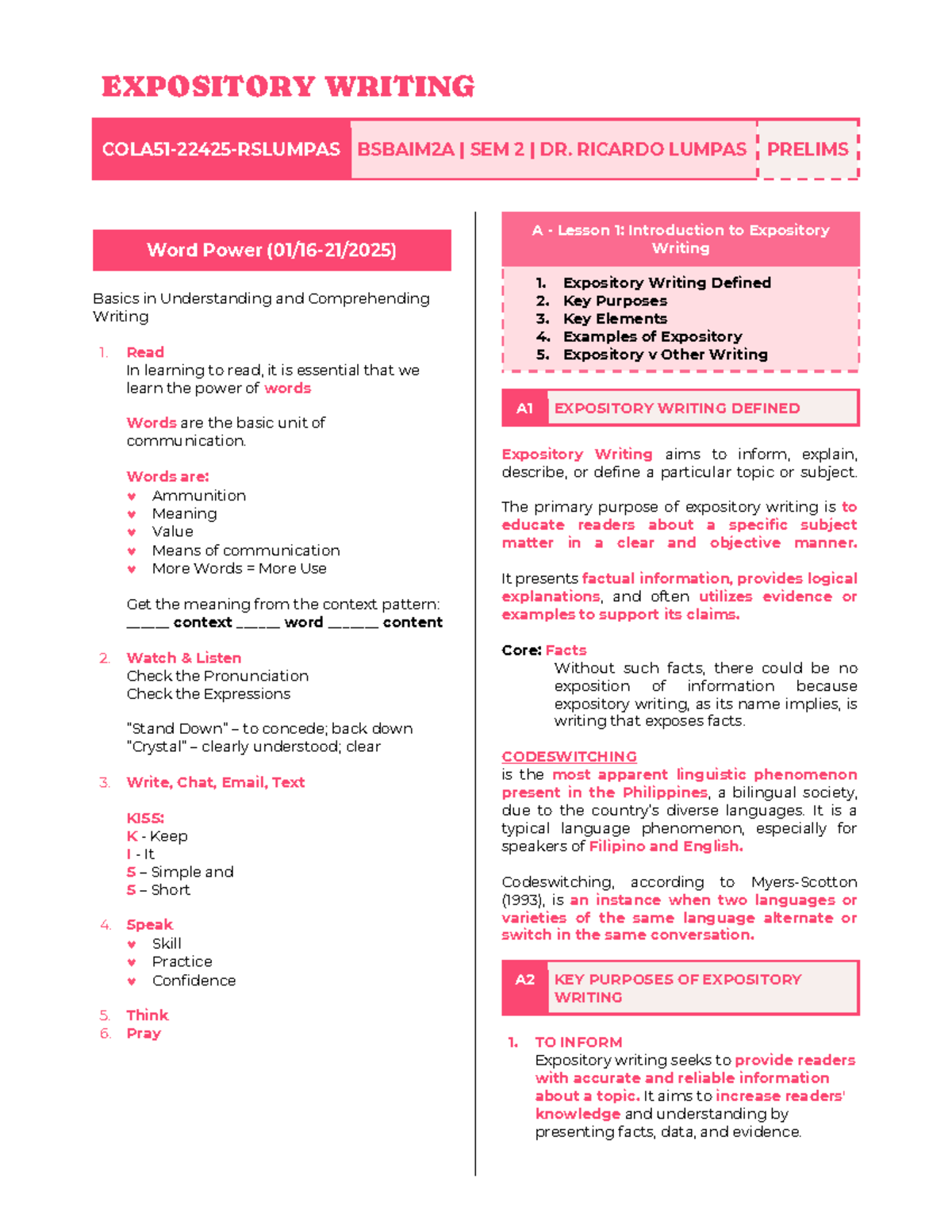 Expository Writing Basics: BSBAIM2A Lesson 1 Overview - Studocu