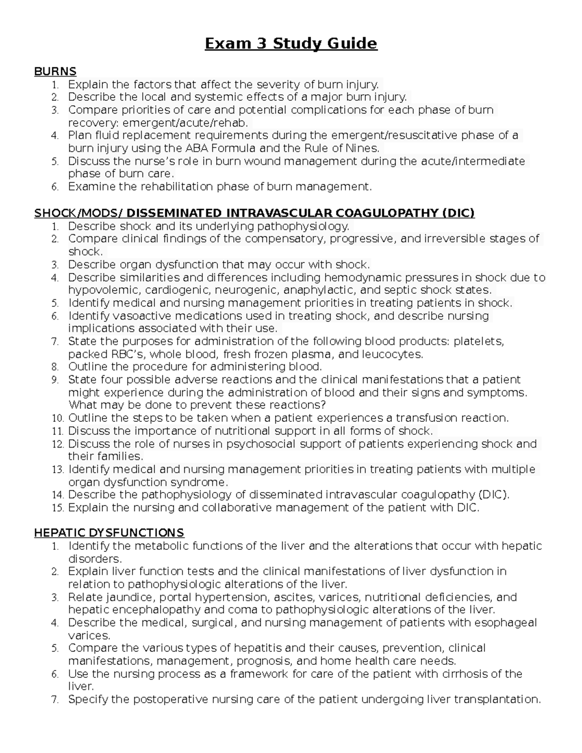 NURS 306 Exam 3 Comprehensive Study Guide on Burns, Shock, & More - Studocu