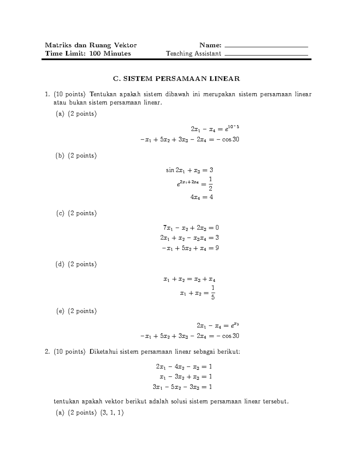 Latihan Mavek Minggu 1: Sistem Persamaan Linear dan Matriks - Studocu