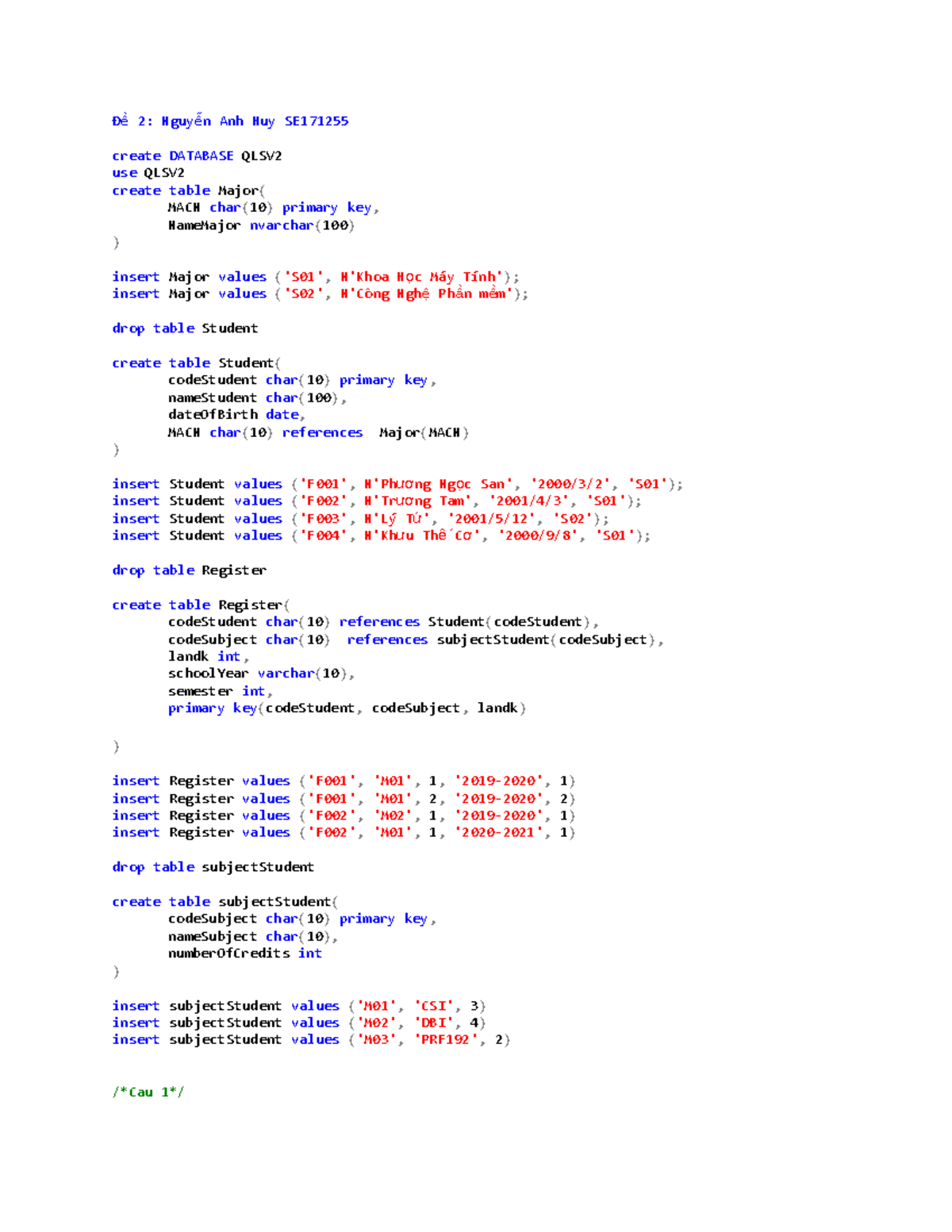 QLSV Database Creation and Student Management Script - Studocu