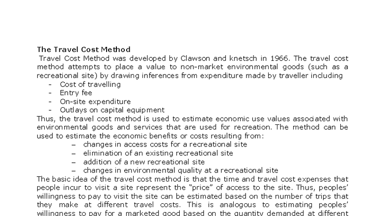 Travel Cost Method (TCM): Estimating Economic Value of Recreation - Studocu