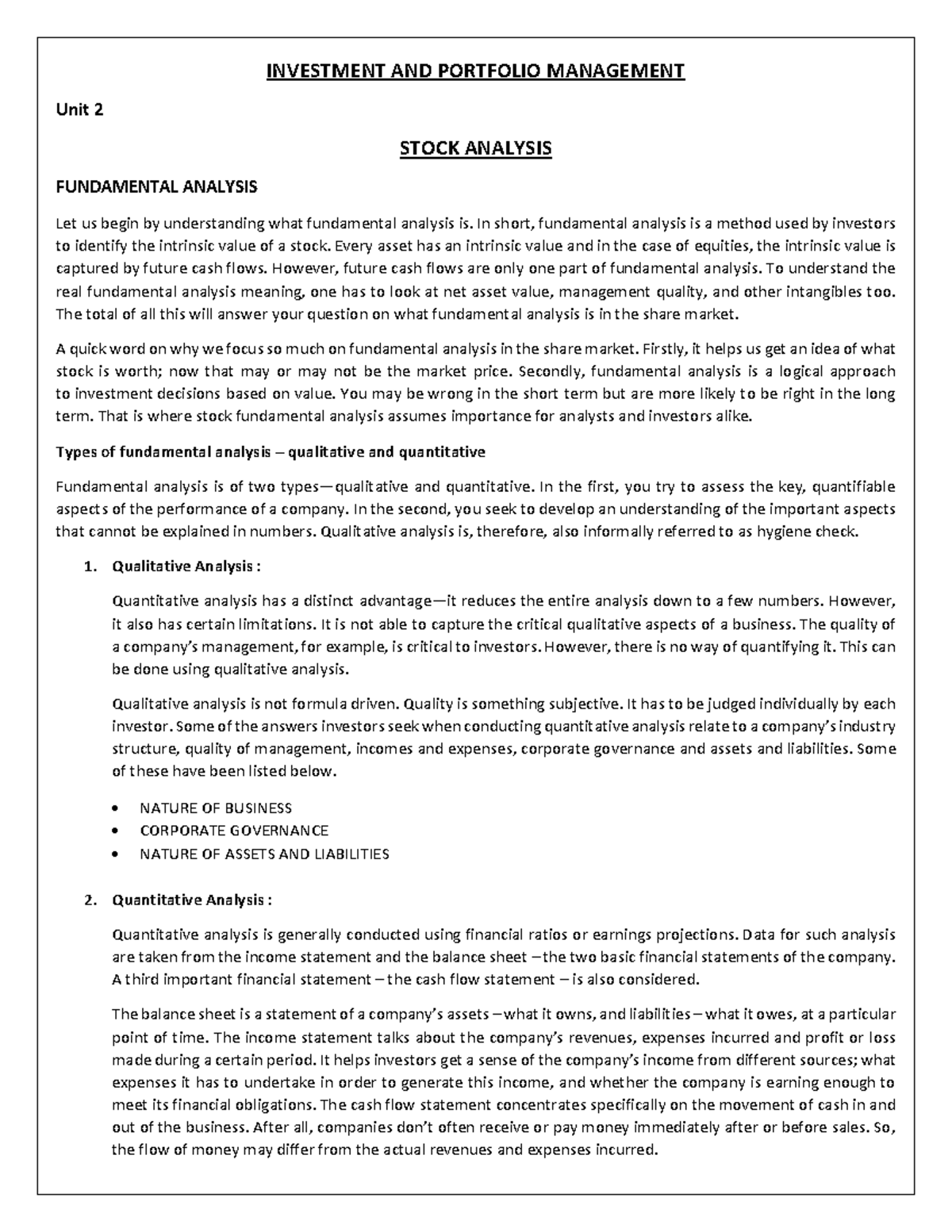 Investment 2 - INVESTMENT AND PORTFOLIO MANAGEMENT Unit 2 STOCK ...