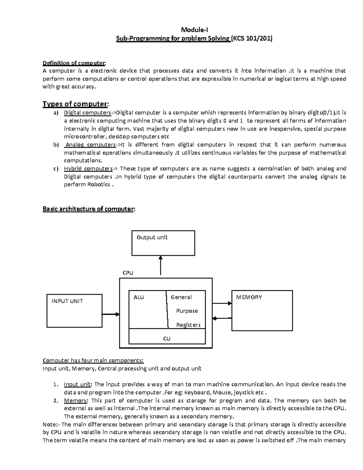 PPS-UNIT 1: Computer Fundamentals and Architecture Notes - Studocu