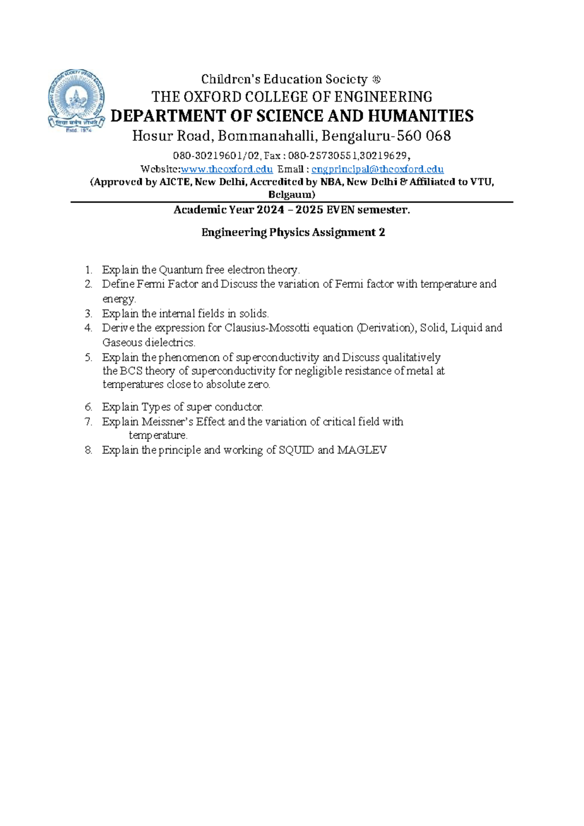 Engineering Physics Assignment 2 - EPS: Quantum Theory ...