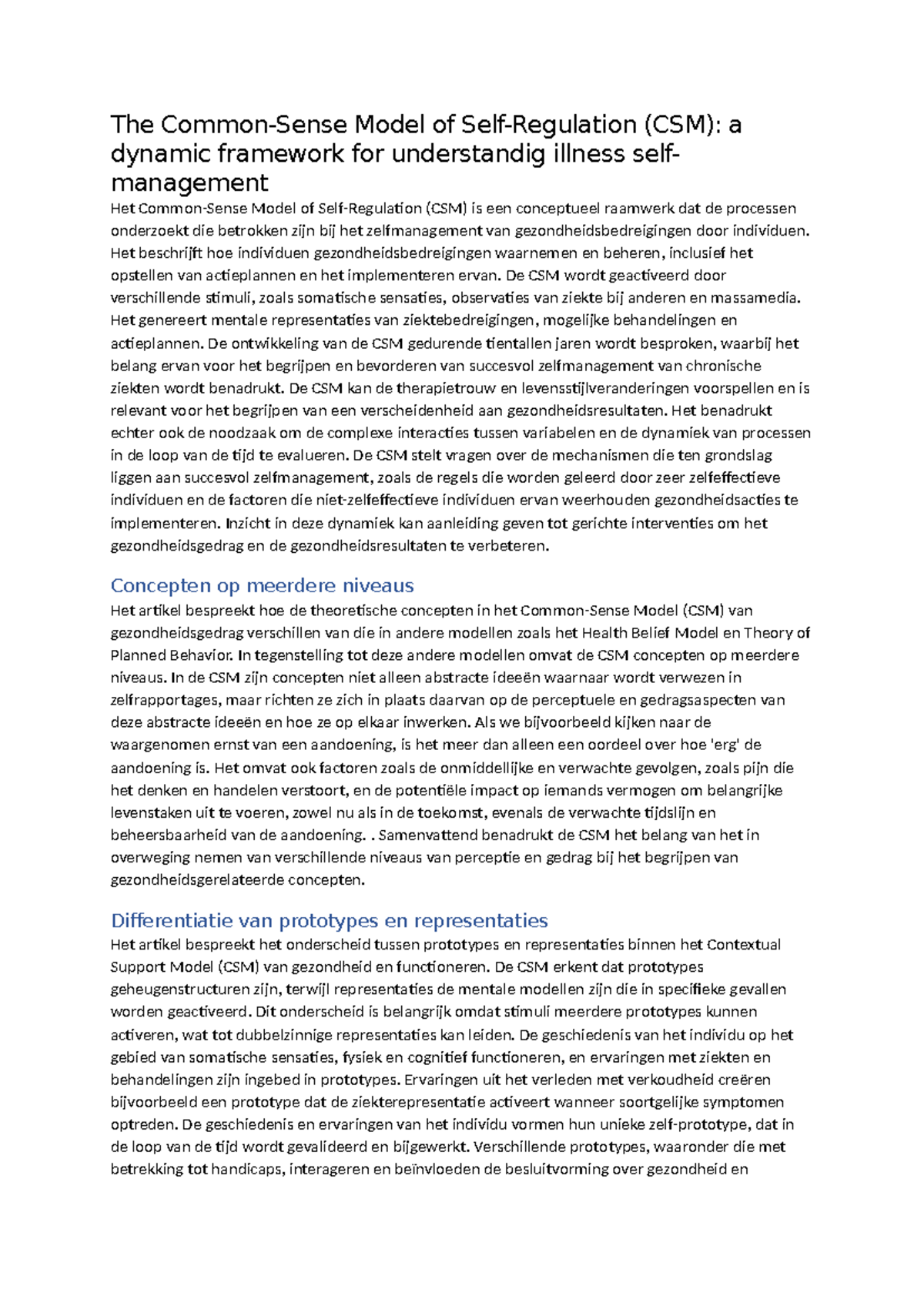 Samenvatting van het CSM (Common Sense Model) voor Zelfmanagement ...