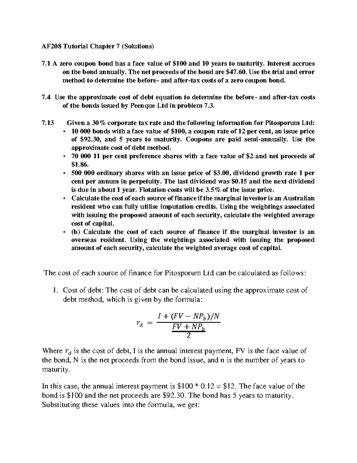 AF208 Chapter 7 Tutorial Notes: Zero Coupon Bond & Cost of Debt - Studocu