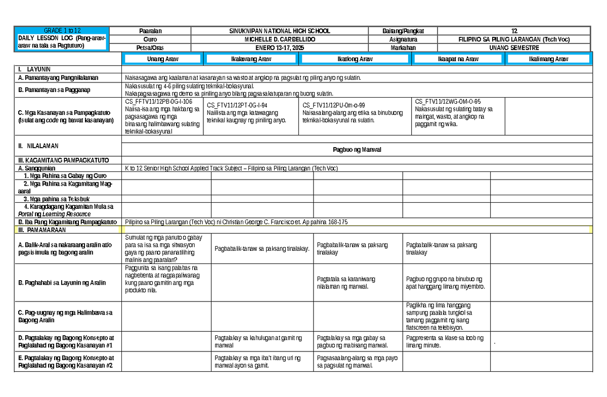 DLL in Filipino sa Piling Larang - GRADE 1 to 12 DAILY LESSON LOG (Pang ...