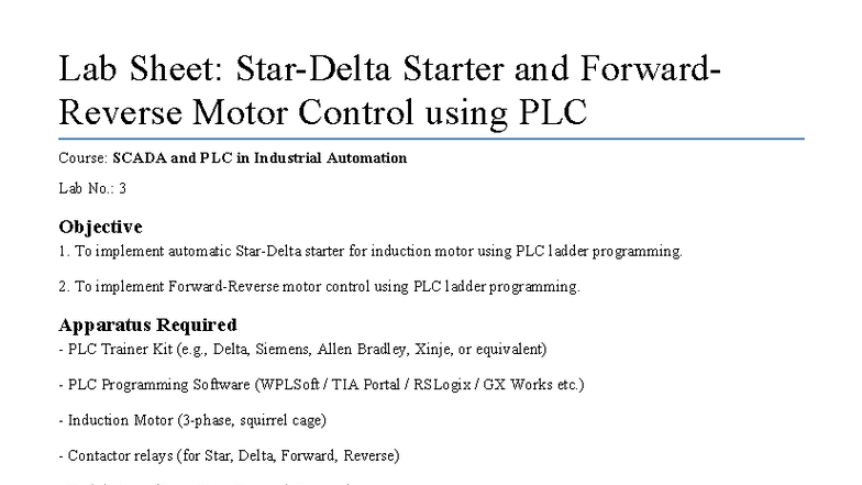 PLC Lab 3: Starter & Motor Control with PLC - Engineering Notes - Studocu