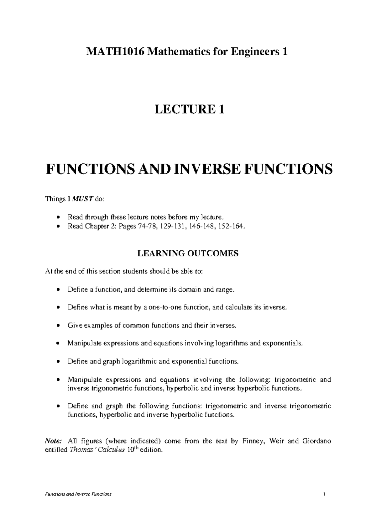 Lecture 01: Functions & Inverse Functions - MATH1016 Notes - Studocu