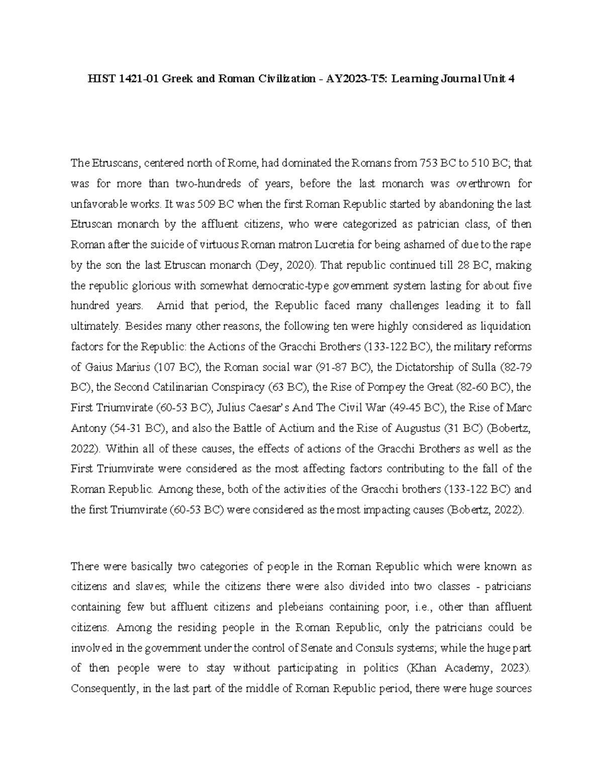 HIST 1421 Learning Journal Unit 4 - HIST 1421-01 Greek and Roman ...