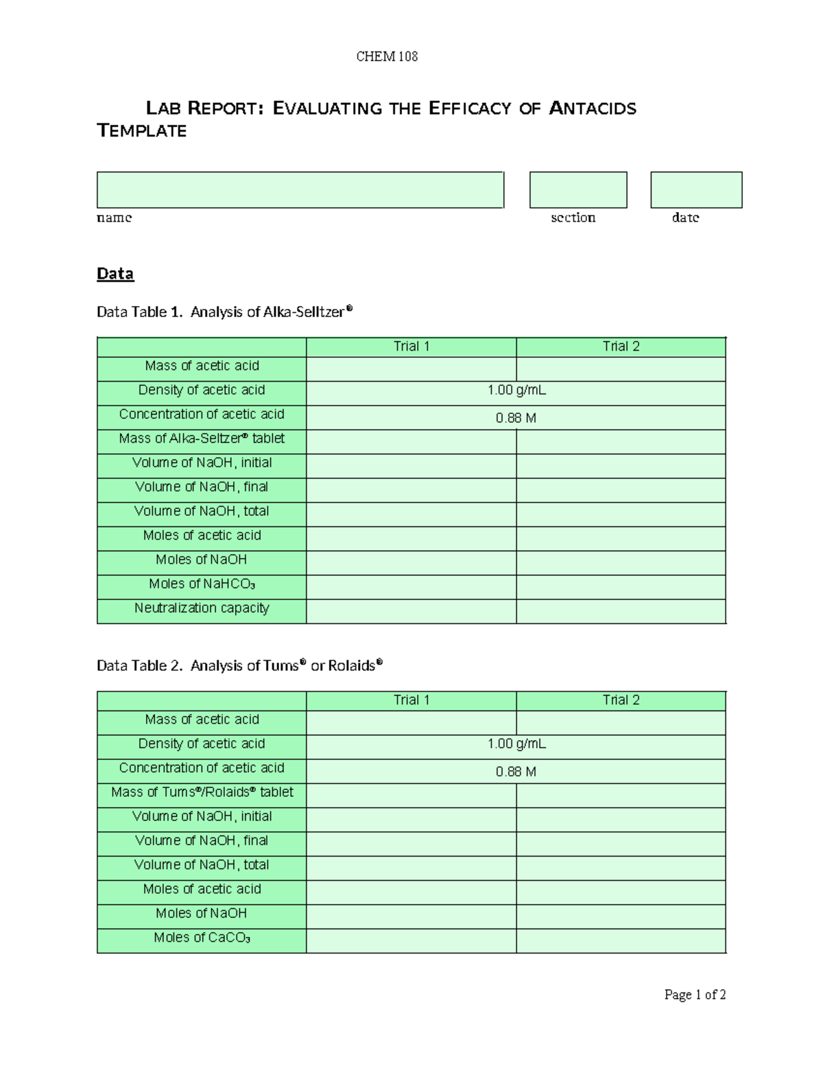 CHEM 108 Lab Report on Antacid Efficacy Evaluation Template - Studocu