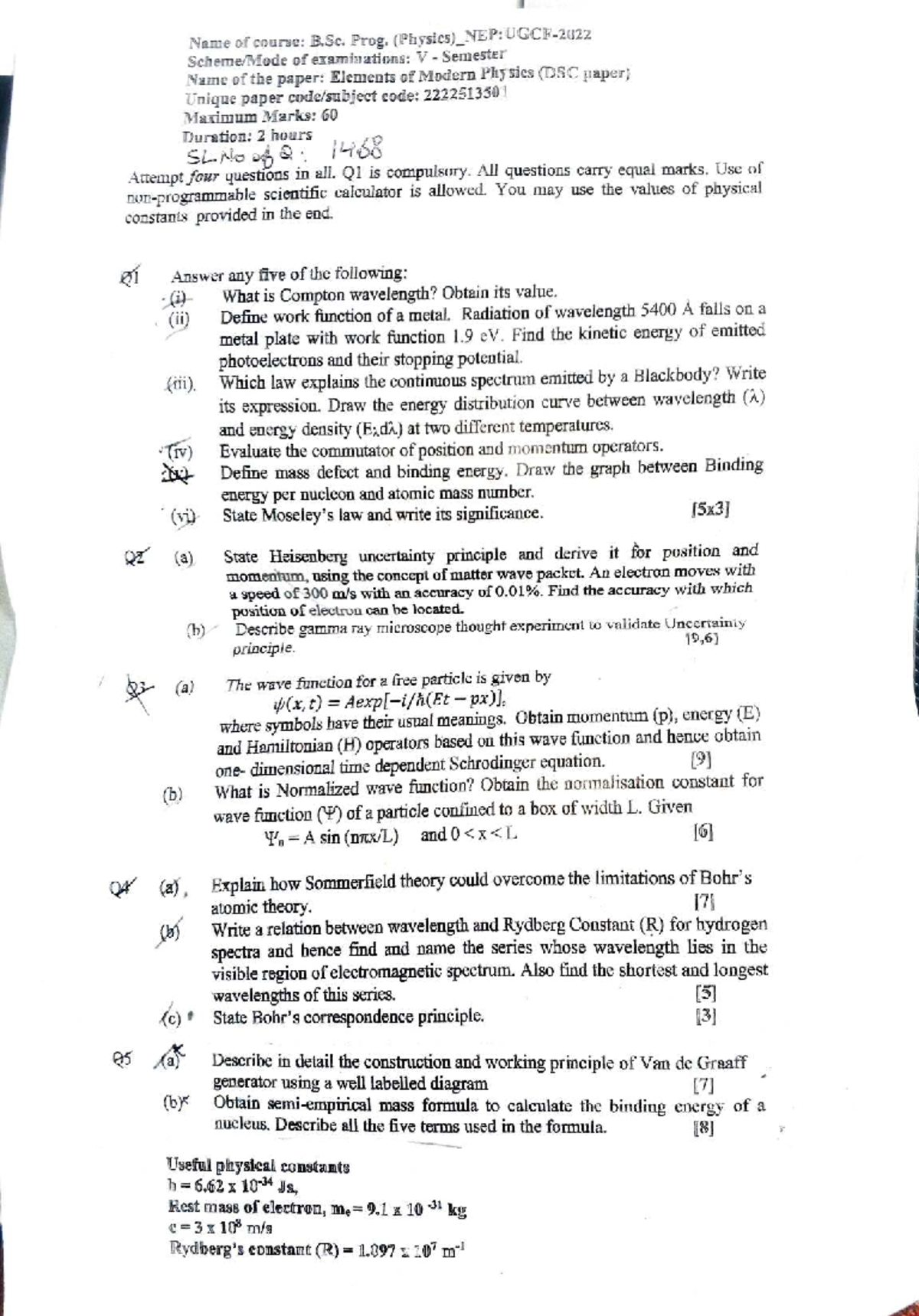 DSE Physics Sem V - Elements of Modern Physics Exam Questions - Studocu