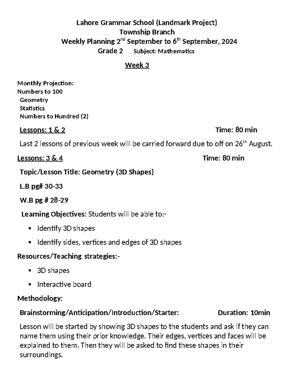 Grade 2 Math Lesson Plan (2-6 Sep 2024): 3D Shapes & Multiplication ...