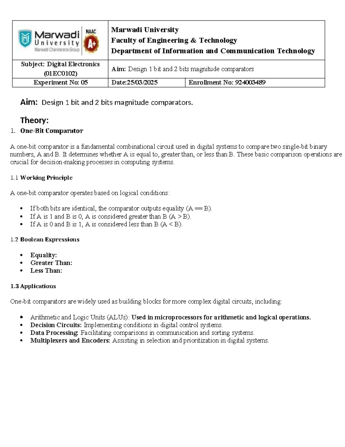 Digital Electronics (01EC0102) Experiment 05: 1 & 2 Bit Comparators ...