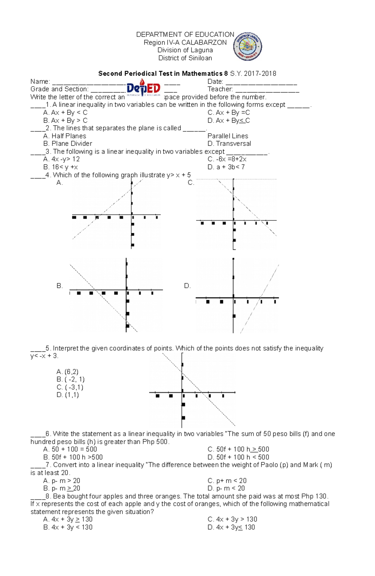 2nd Periodical Test in Math 8 sy 2017 18 - DEPARTMENT OF EDUCATION ...