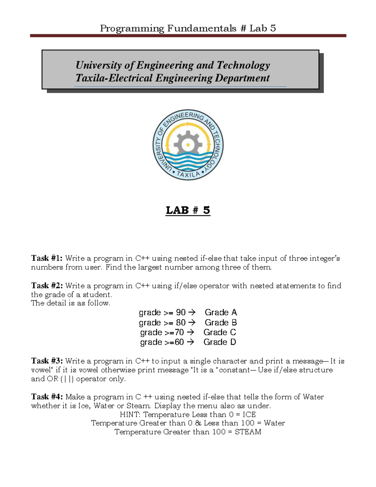 Assignment 5 (PF) - Programming Fundamentals # Lab 5 LAB # 5 Task #1 ...
