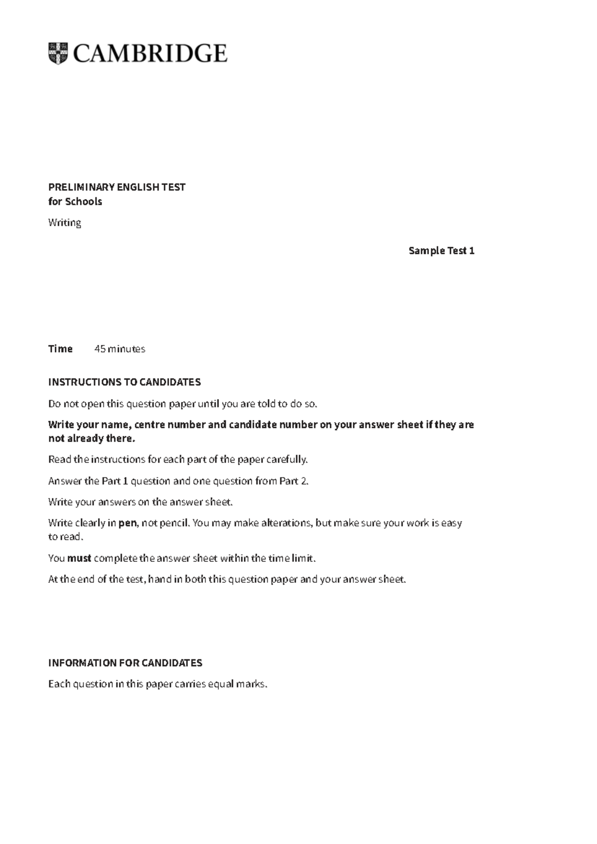 B1 Preliminary for Schools Writing Sample Test 1 - Studocu