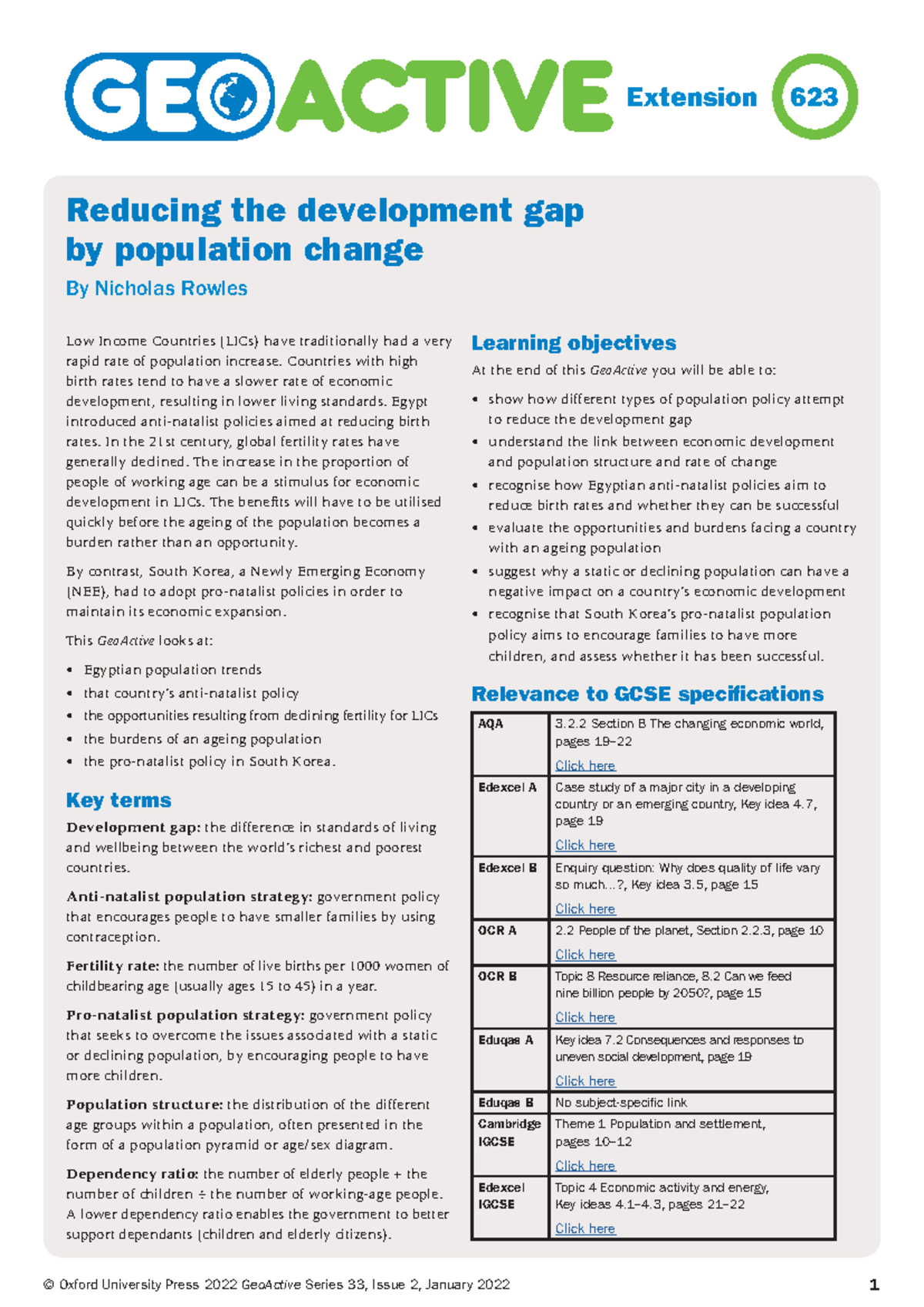 GEOACTIVE 623: Reducing the Development Gap & Population Change - Studocu
