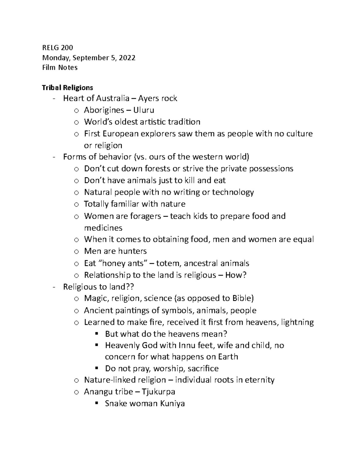 RELG 200 - Film Notes: Exploring Tribal Religions and Experience - Studocu