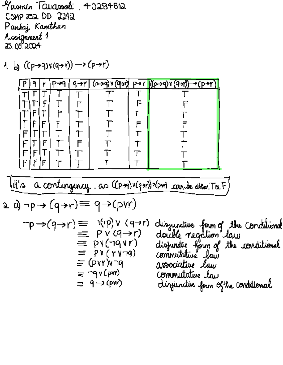 COMP 232 DD: Assignment 1 Notes on Logical Operations and Laws - Studocu