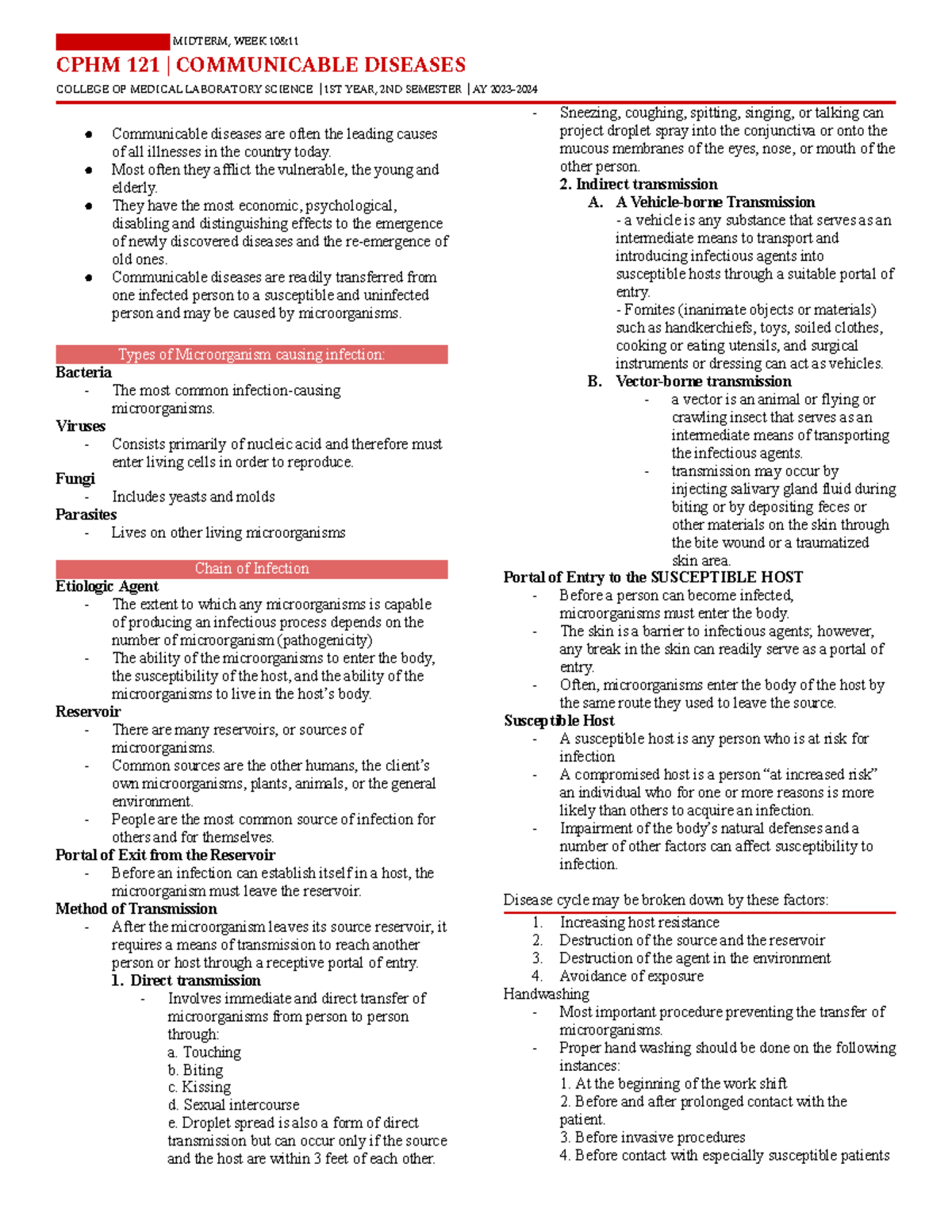 CPHM MIDTERM - COMMUNICABLE DISEASES - MIDTERM, WEEK 10& CPHM 121 ...