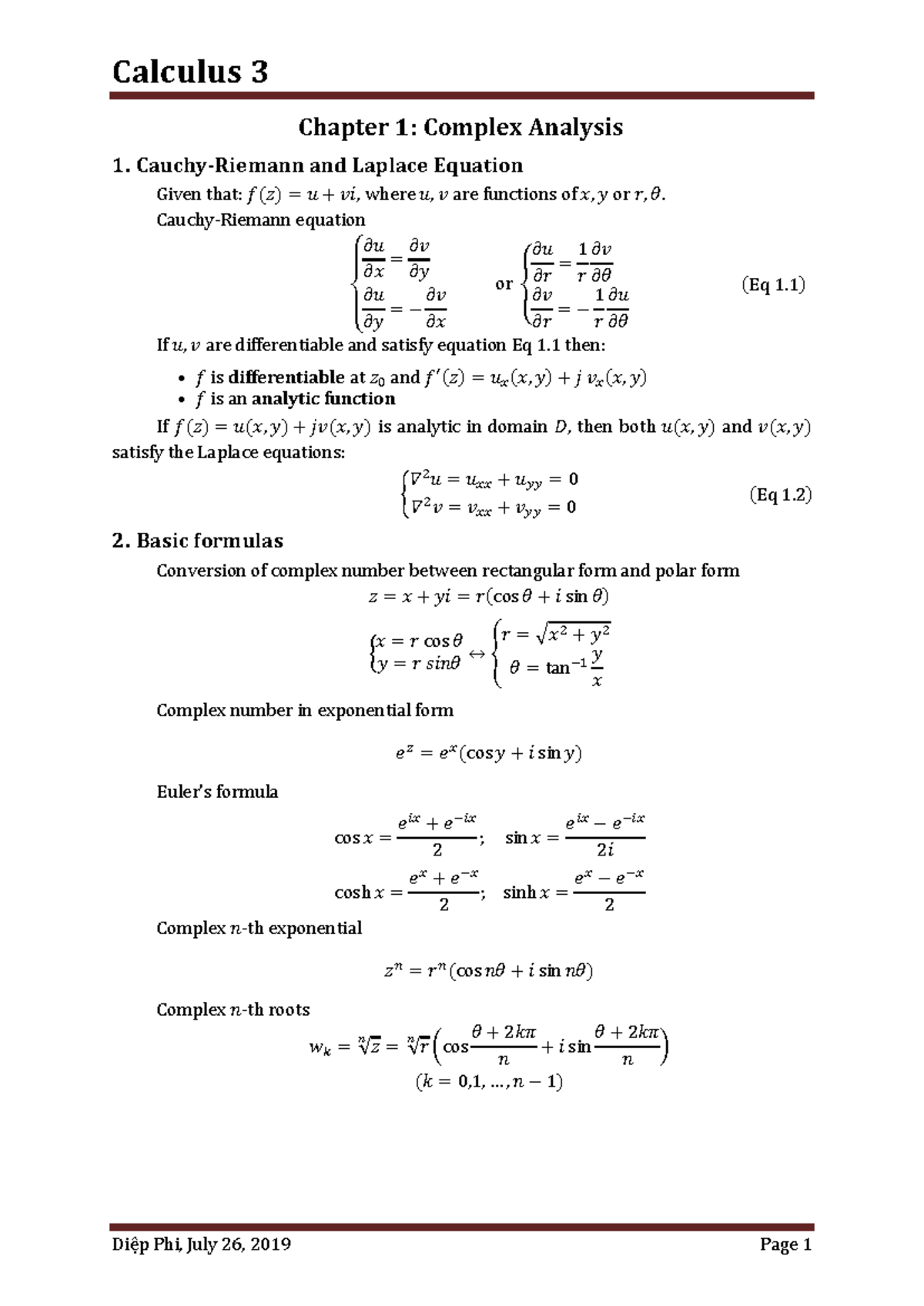 Calculus 3 - Chapter 1: Complex Analysis 1. Cauchy-Riemann and Laplace ...