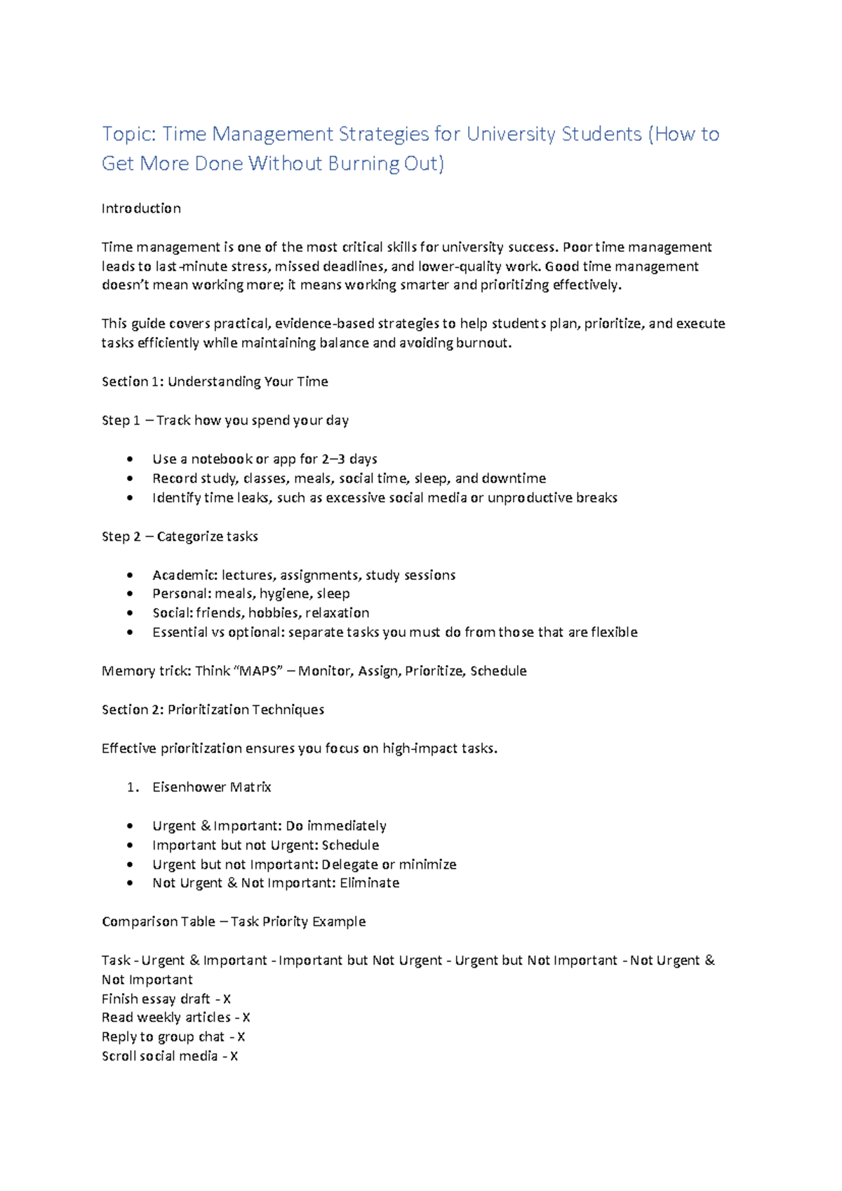 University Lecture Notes: Time Management Strategies for Students - Studocu