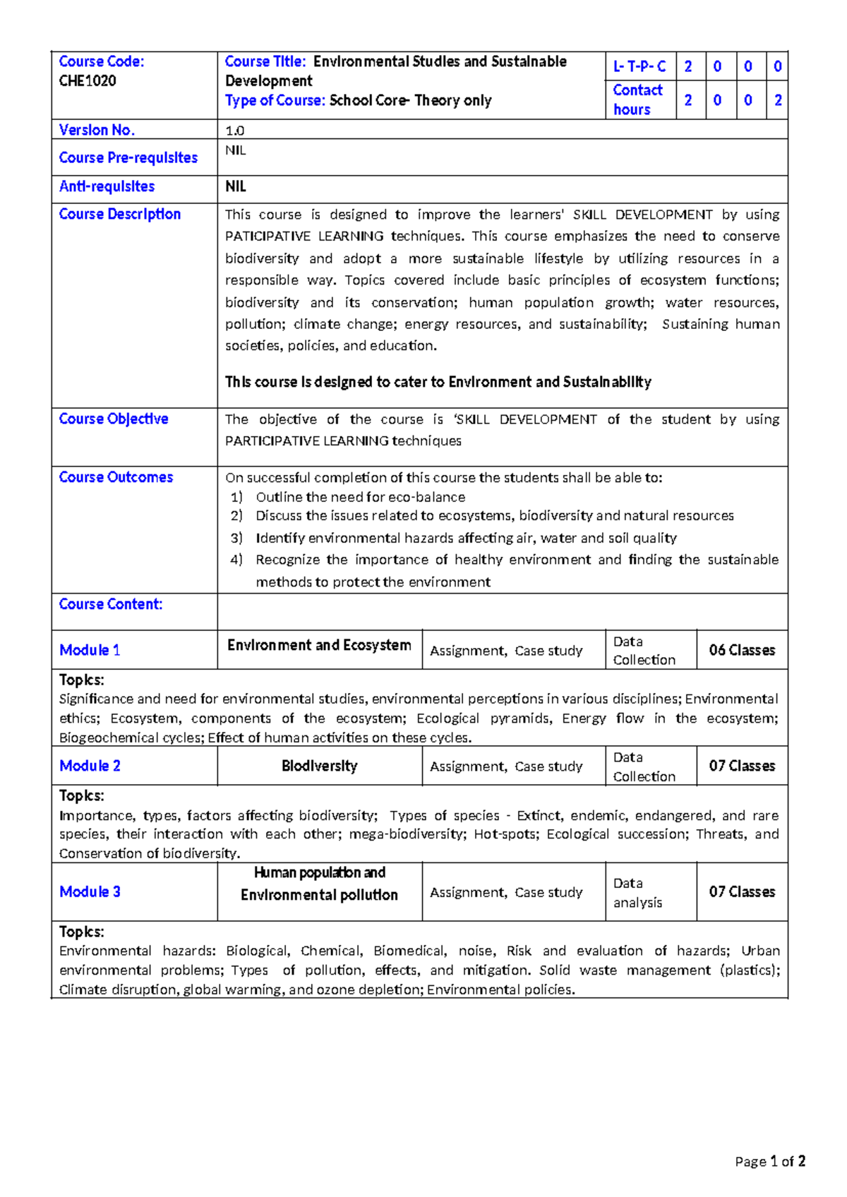 Environmental Studies and Sustainable Development-V1 - Course Code: CHE ...