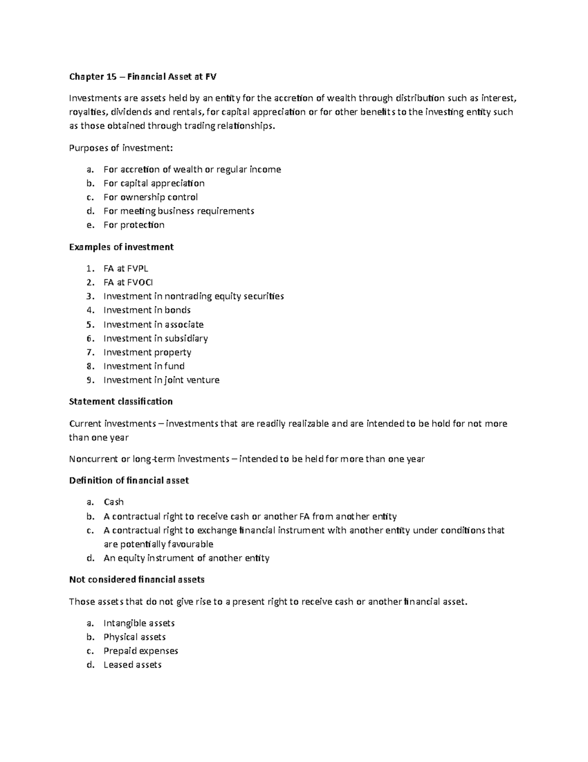Summary Notes on Financial Assets Measured at Fair Value (Chapter 15 ...