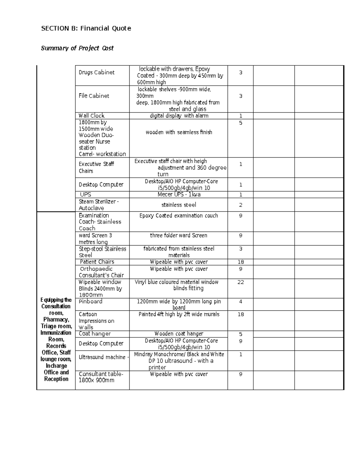 SECTION B: Original Quote Specification for Furnitures and Equipment ...