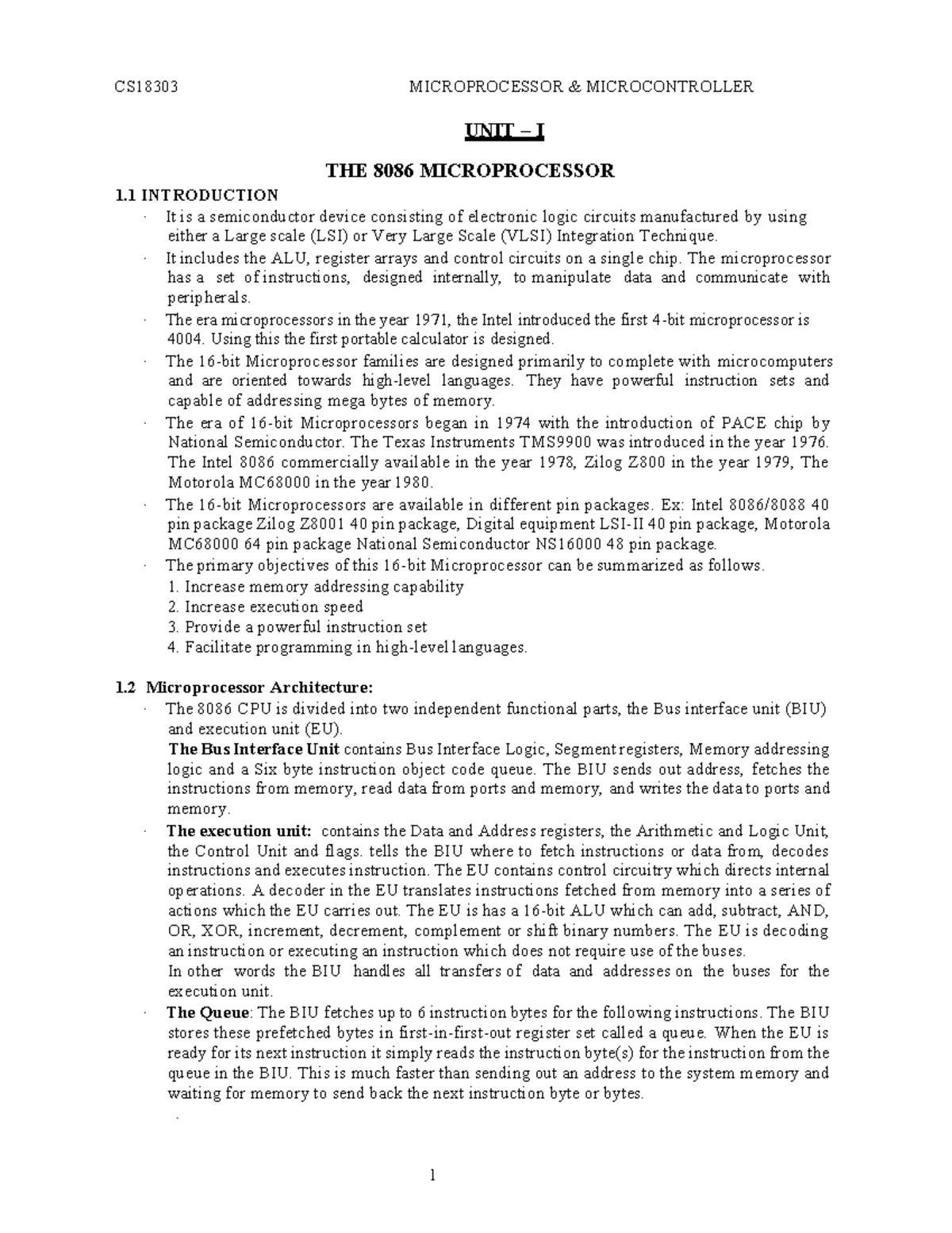 UNIT 1 TO 5 - Microprocessor Notes - CS18303 MICROPROCESSOR ...