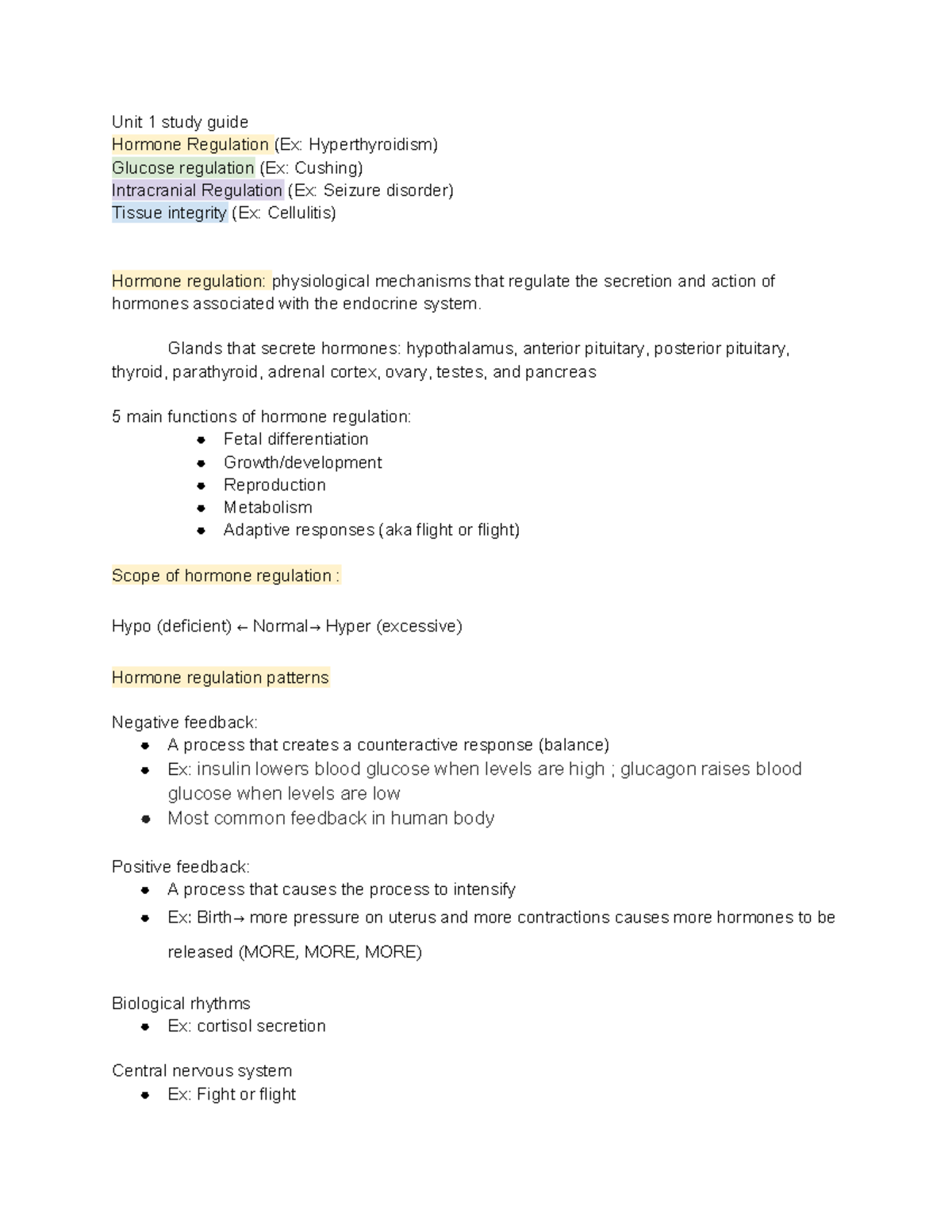 Unit 1 Study Guide: Hormone Regulation & Related Disorders (NUR 101 ...