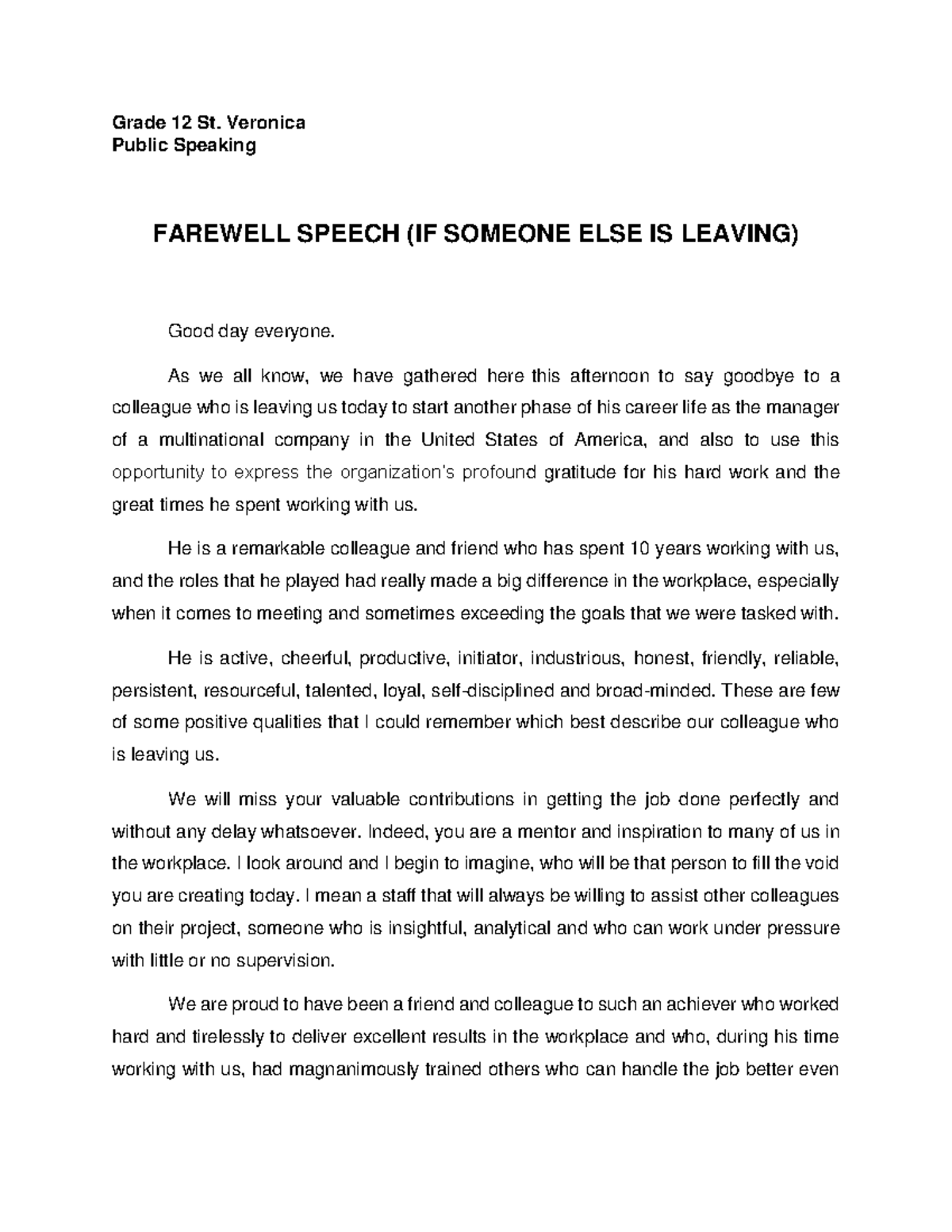 Pub Speak Farewell Speech - Grade 12 St. Veronica Public Speaking ...