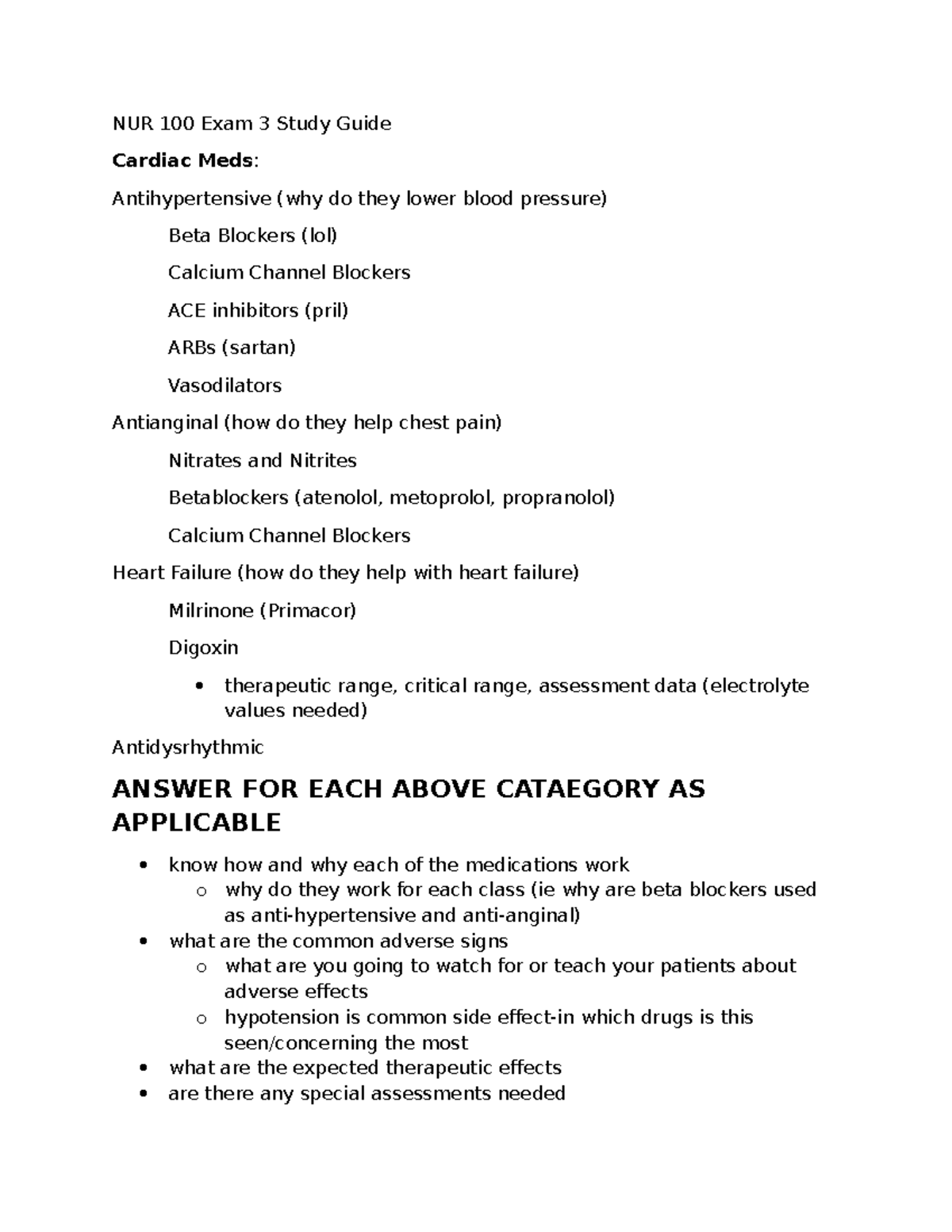 NUR 100 Exam 3 Study Guide: Cardiac Meds & Nursing Considerations - Studocu