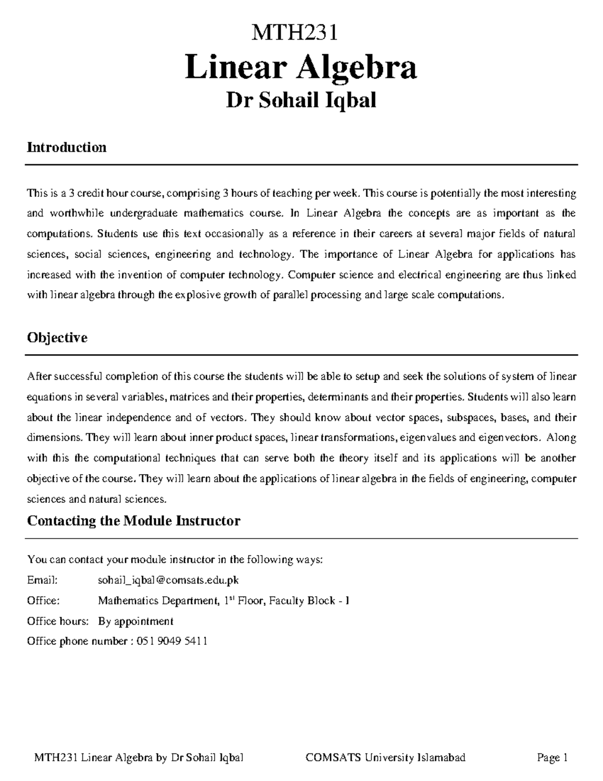MTH231 Linear Algebra Lecture Notes - Dr. Sohail Iqbal - Studocu
