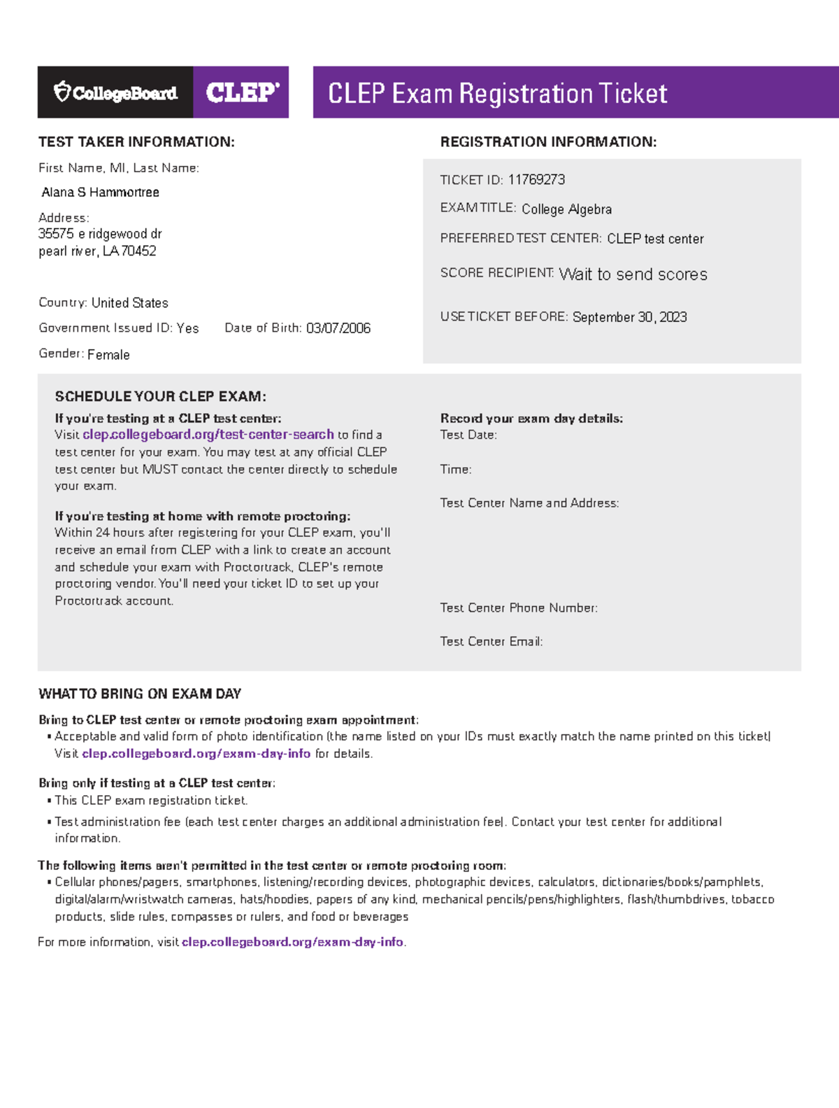 Exam Ticket - work - CLEP Exam Registration Ticket TEST TAKER ...