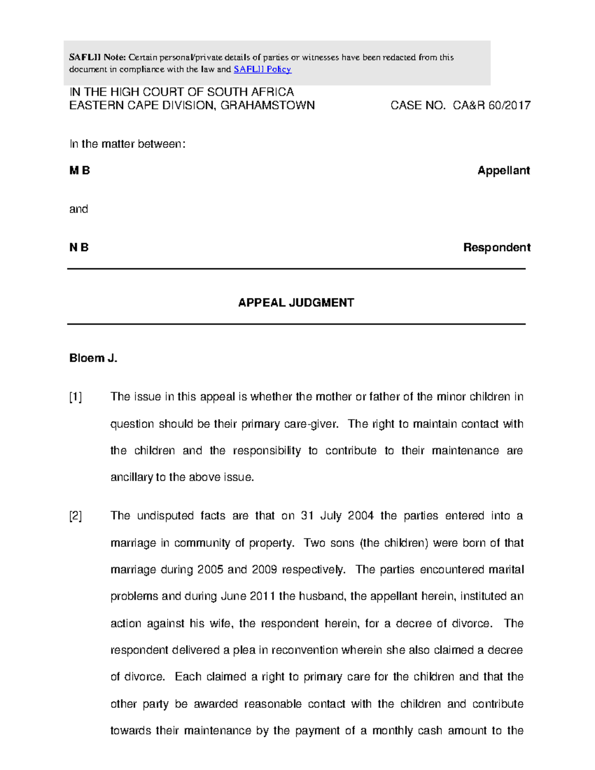 M.B v N: Appeal Judgment on Child Custody - Case No. [Redacted] - Studocu