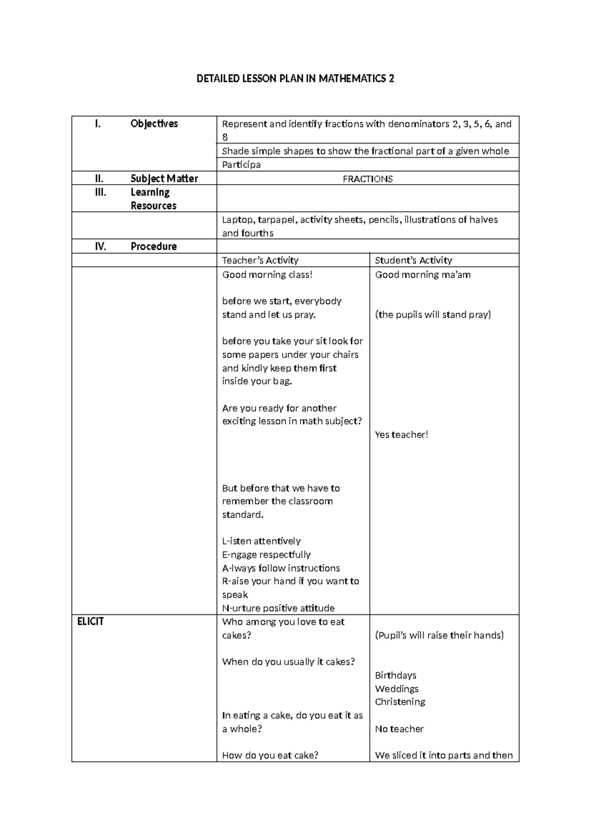 Detailed Lesson Plan on Fractions for Mathematics 2 - Studocu