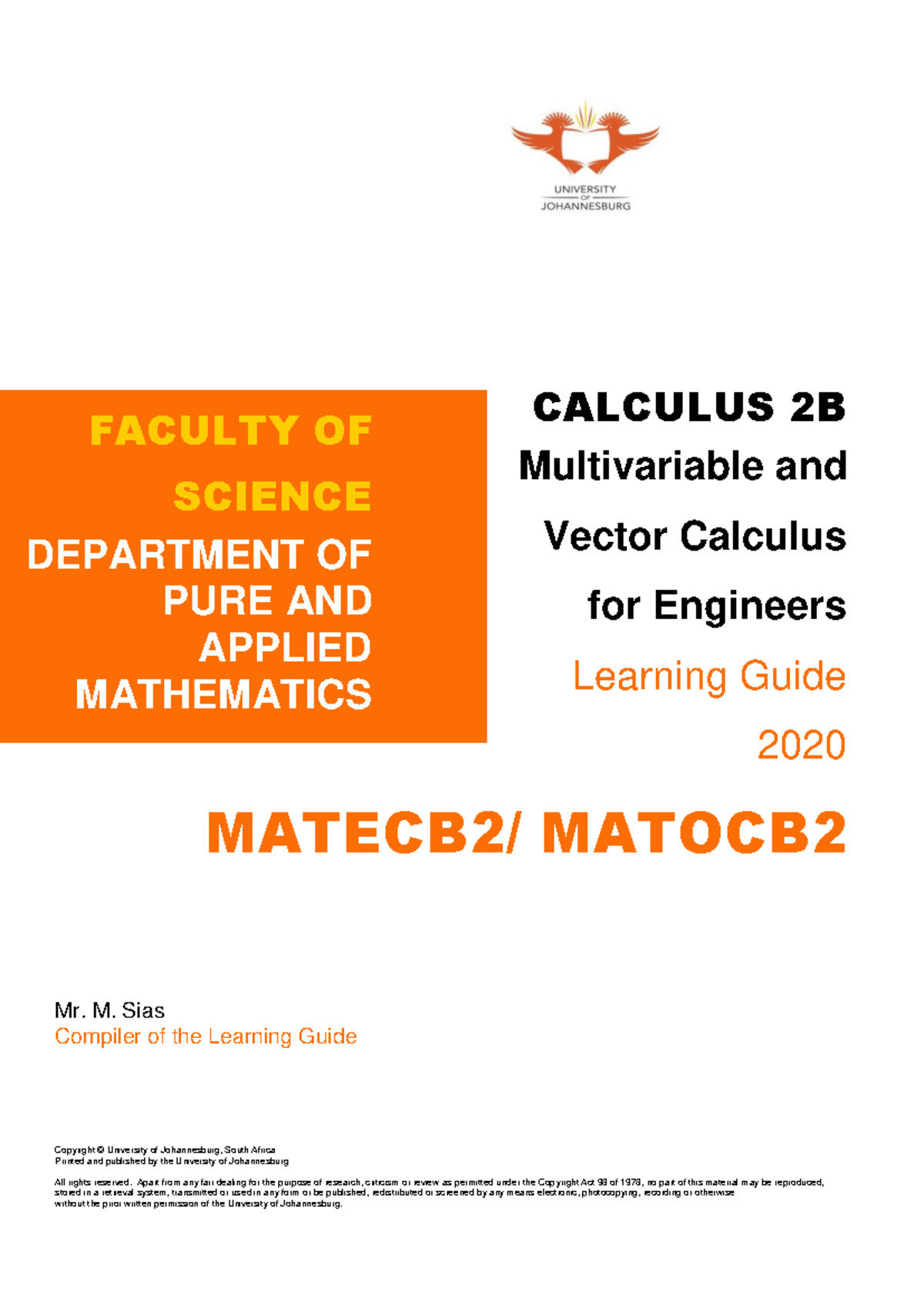 MATECB2/MATOCB2 Multivariable and Vector Calculus Learning Guide 2020 ...