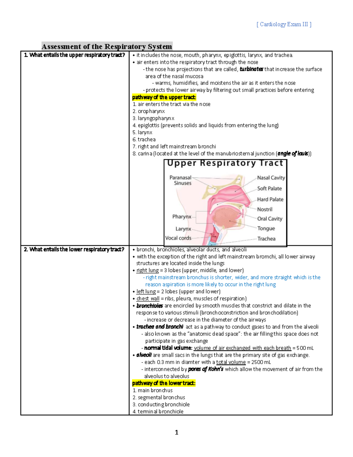 Cardiology Exam III - Comprehensive Overview of the Respiratory System ...