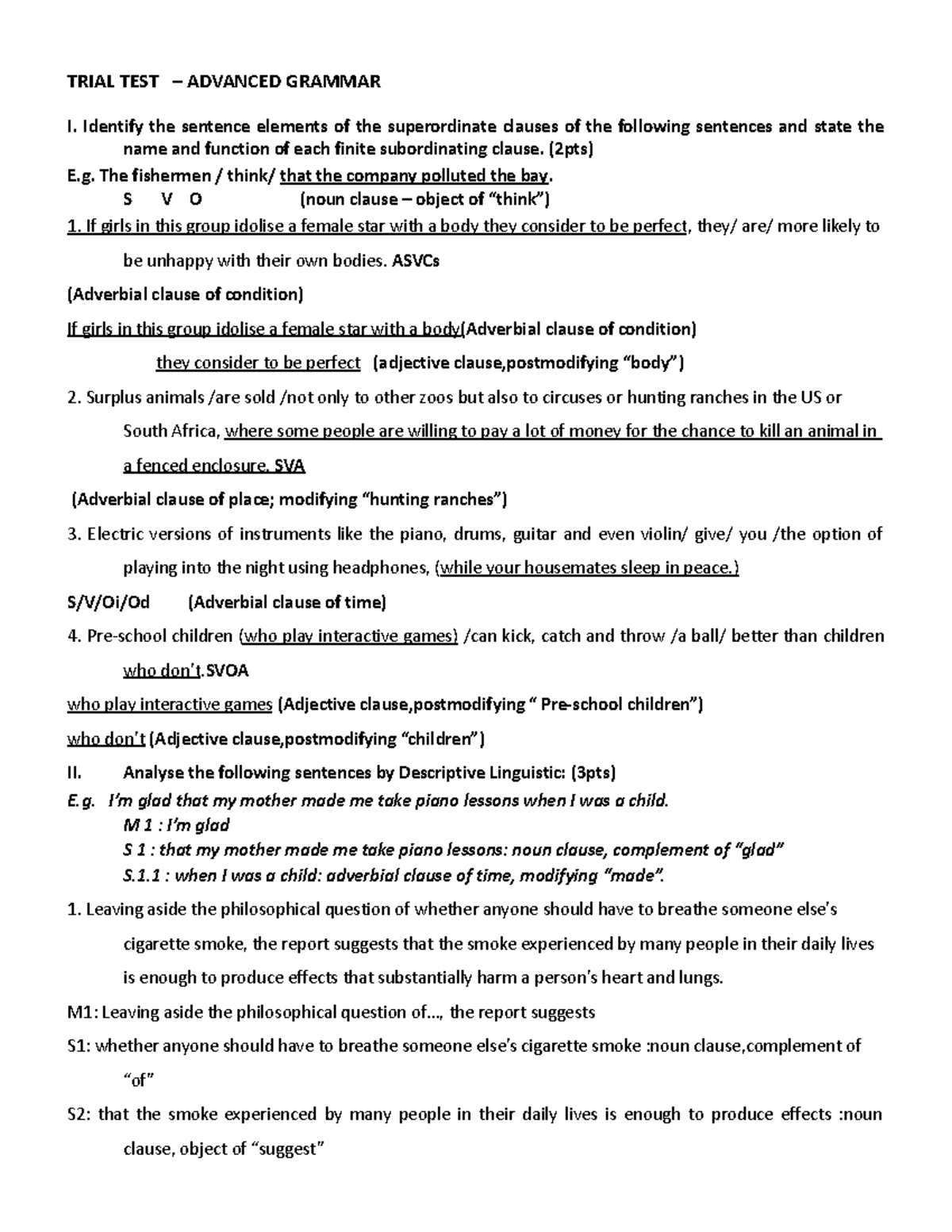 Advanced Grammar Trial Test 1 - Key Analysis and Answers - Studocu