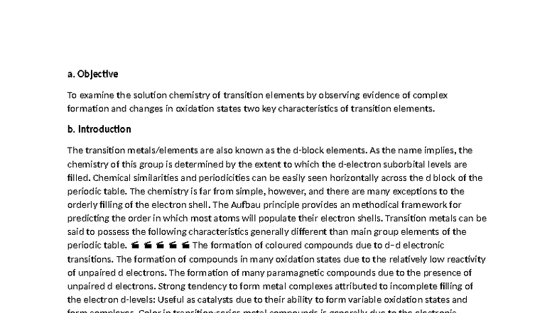 Chm361 Exp 2 - Lab Report on Transition Elements Chemistry - Studocu