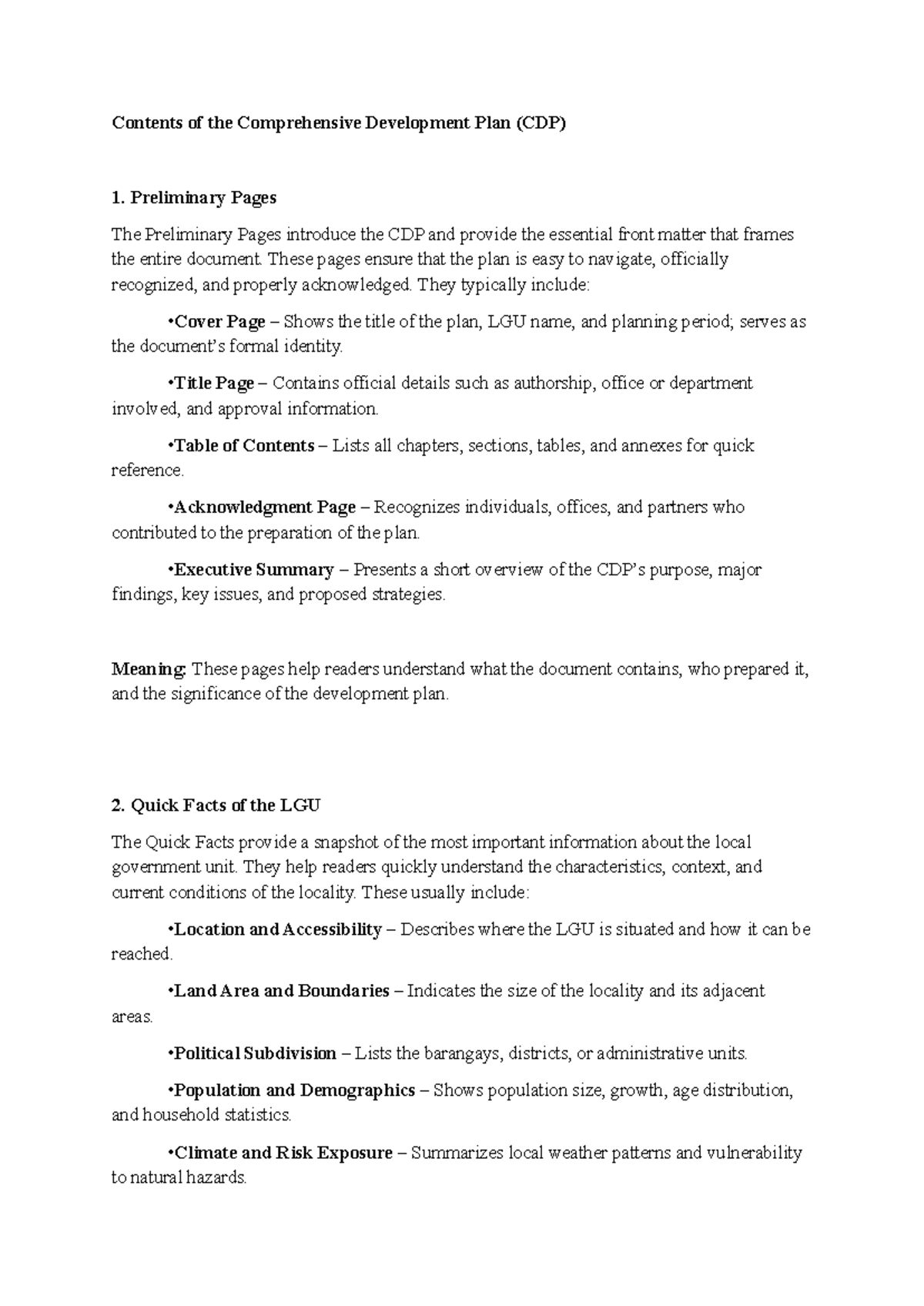 Comprehensive Development Plan (CDP) Overview and Quick Facts - Studocu