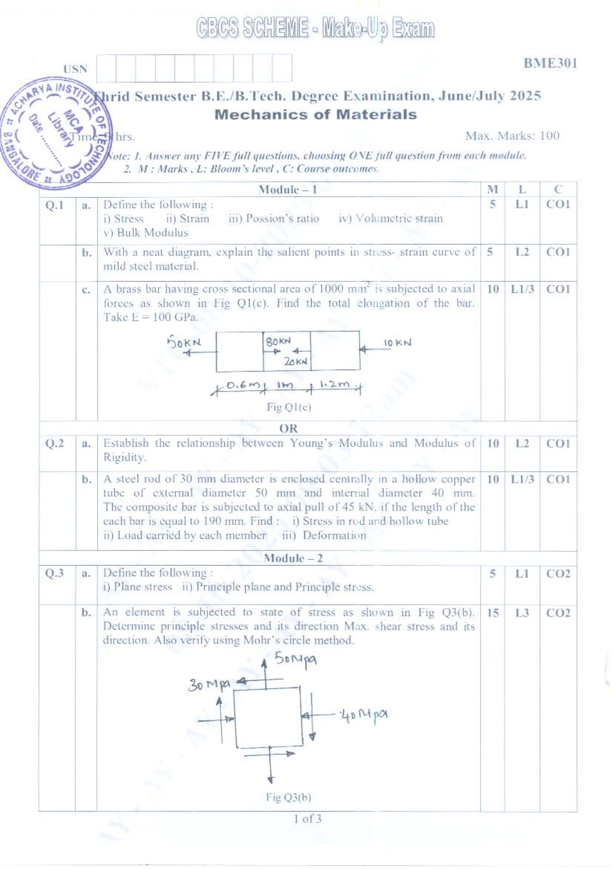 BME301 Mechanics of Materials Exam - June/July 2025 - Studocu
