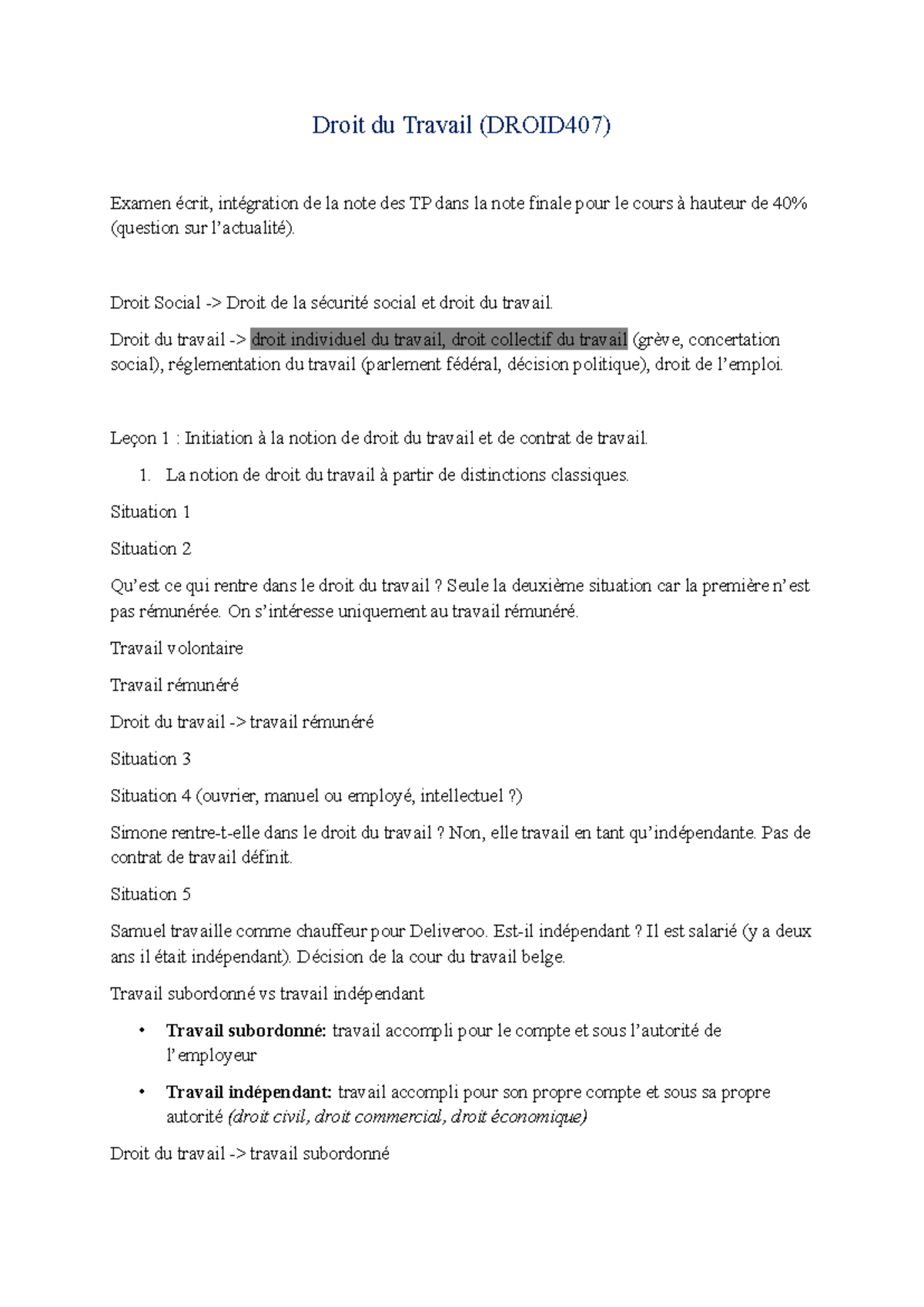 Droit du Travail (DROID407) - Notes de Cours et Examen Écrit - Studocu