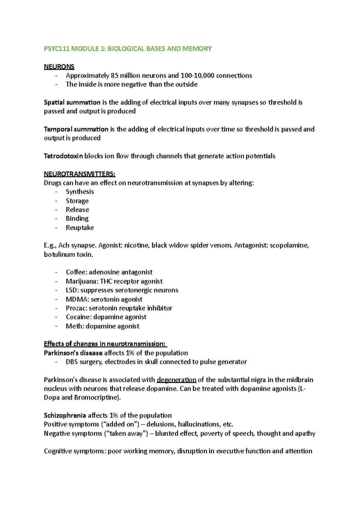 PSYC111 Final Exam Notes: Biological Bases and Memory Overview - Studocu